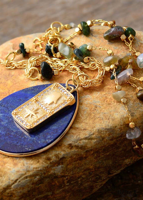 Boho Necklace, Teardrop Lapis Luzuli Gold Chain Onyx Pendant